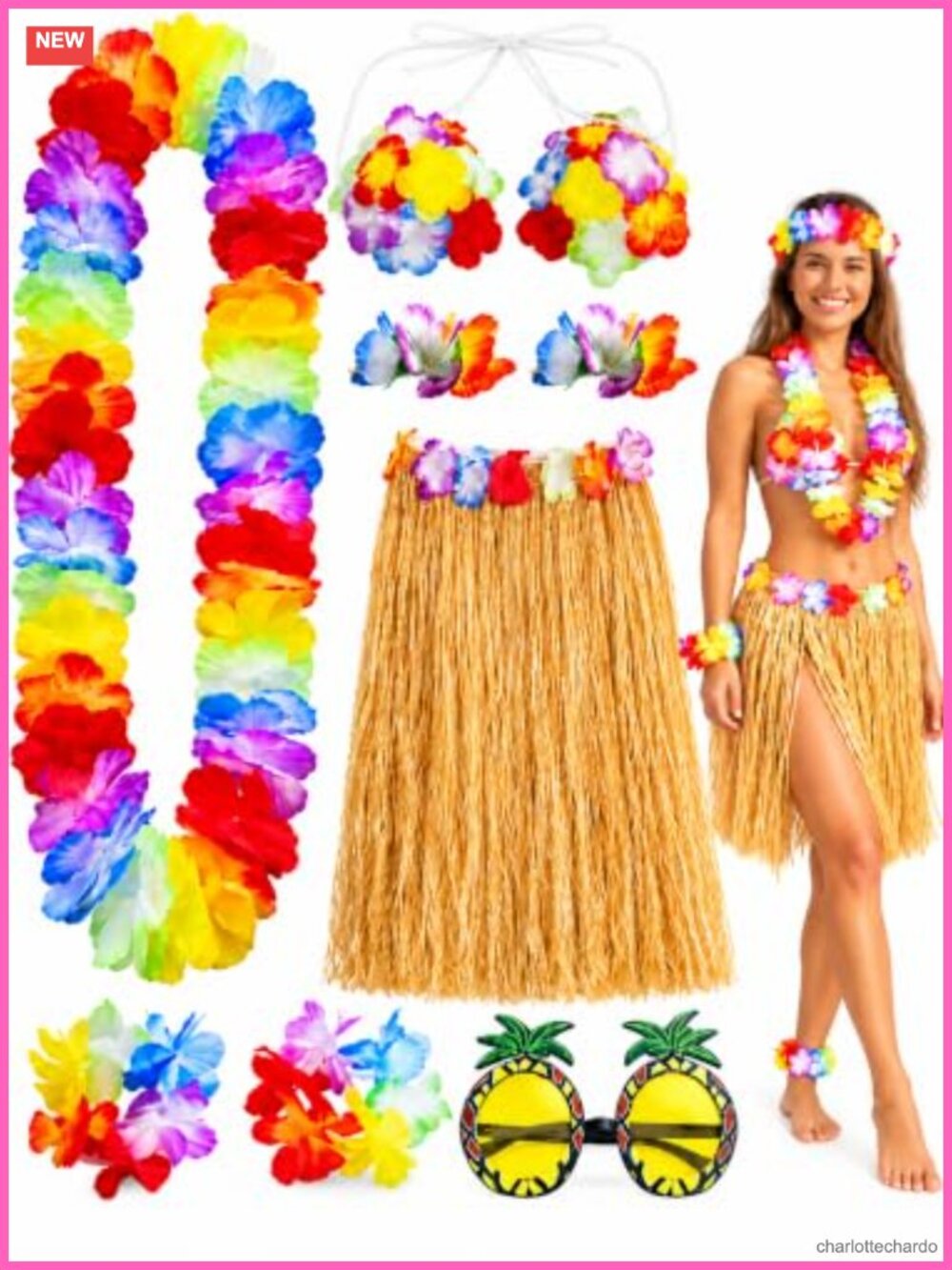 9 Pc Women's Luau Costume Set Grass Skirt Flower Bikini Top
